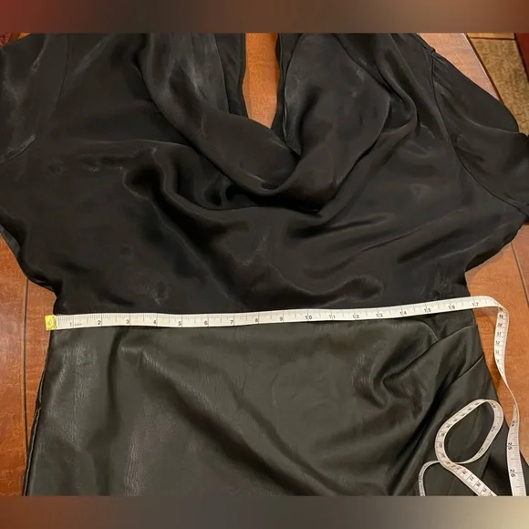 Maeve Anthropologie Black Satin and Vegan Leather Mini Dress. Cowl neck. Size 16 - Picture 13 of 16